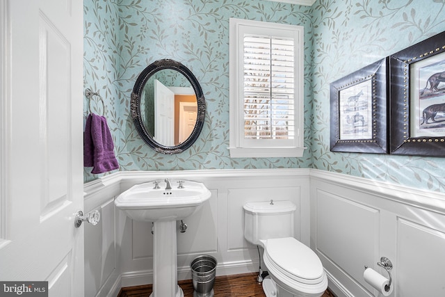 bathroom with toilet, wallpapered walls, a decorative wall, and a wainscoted wall