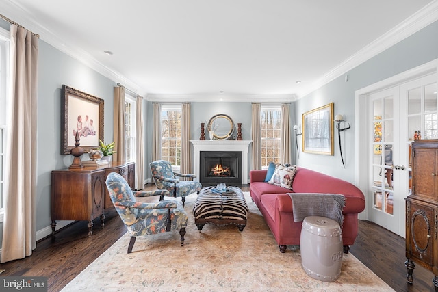 living area featuring baseboards, a lit fireplace, wood finished floors, and crown molding