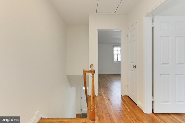 corridor with attic access, baseboards, and light wood finished floors
