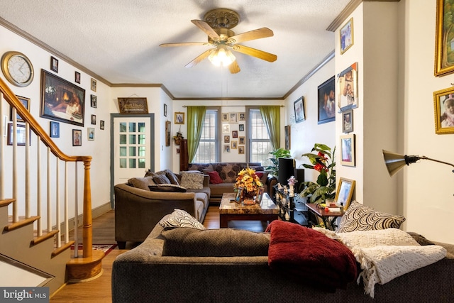 living room with crown molding, ceiling fan, hardwood / wood-style flooring, and a textured ceiling