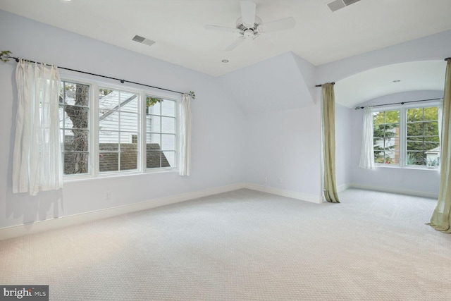 spare room with a wealth of natural light, light carpet, lofted ceiling, and baseboards