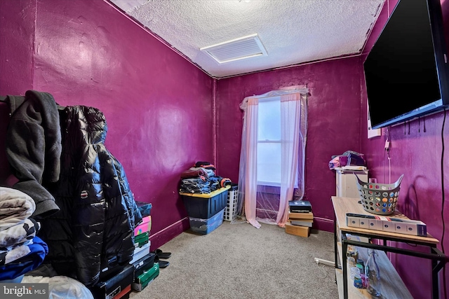 interior space featuring carpet floors and a textured ceiling