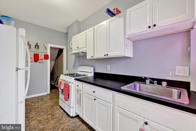 kitchen with sink, white cabinets, and white appliances