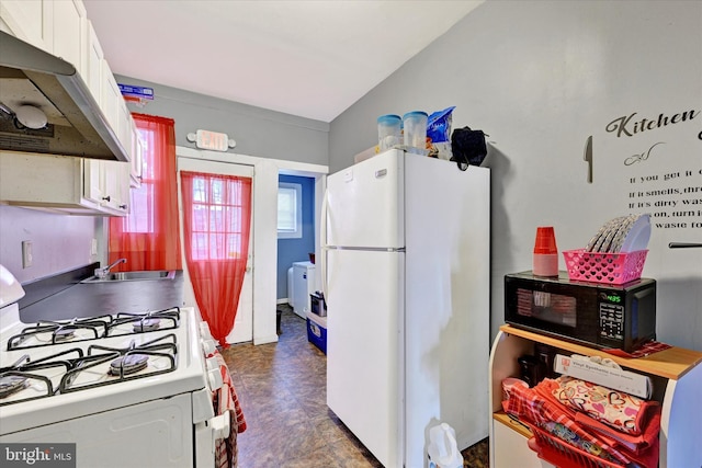 kitchen featuring white cabinetry, sink, and white appliances