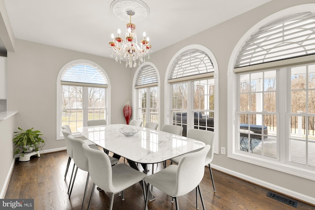 dining room with a chandelier, visible vents, dark wood finished floors, and baseboards