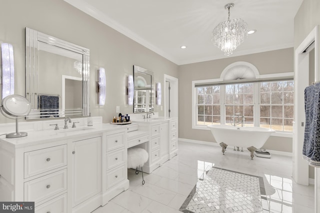 bathroom featuring crown molding, a soaking tub, a sink, and double vanity