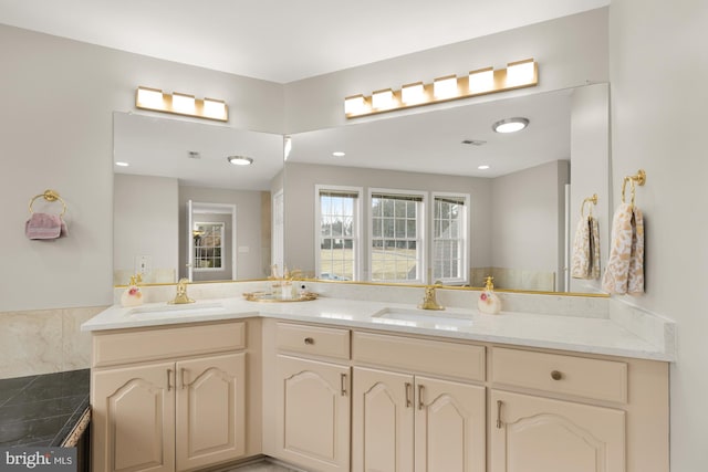 full bath featuring double vanity, a sink, and visible vents