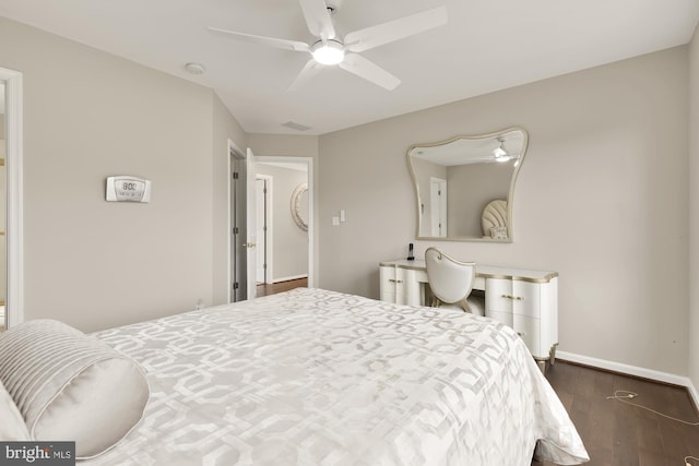 bedroom with ceiling fan, baseboards, and wood finished floors