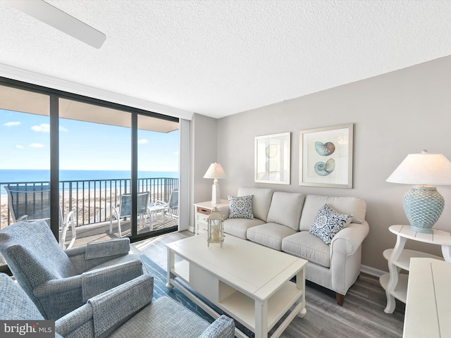 living room featuring hardwood / wood-style flooring, a wall of windows, a textured ceiling, and a water view