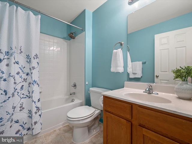 full bathroom with vanity, shower / bath combo, tile patterned floors, and toilet