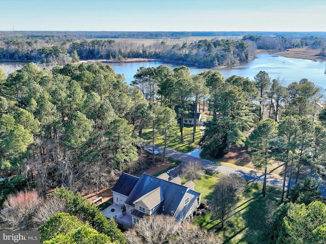 bird's eye view with a water view