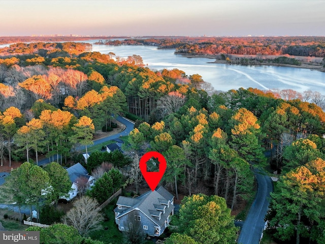 aerial view at dusk with a water view