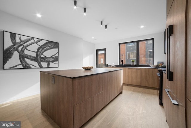 kitchen with a center island, sink, and light wood-type flooring