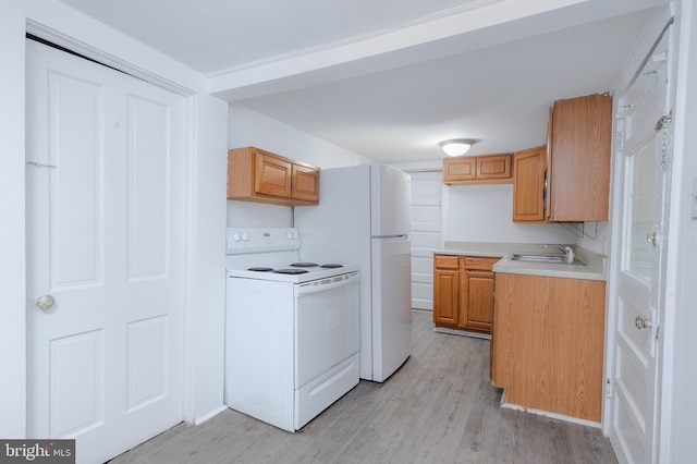 kitchen featuring white electric stove, sink, and light wood-type flooring