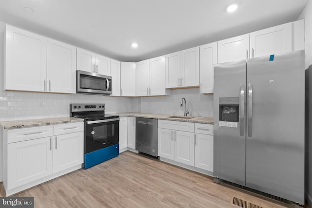 kitchen with sink, white cabinetry, stainless steel appliances, light hardwood / wood-style floors, and decorative backsplash