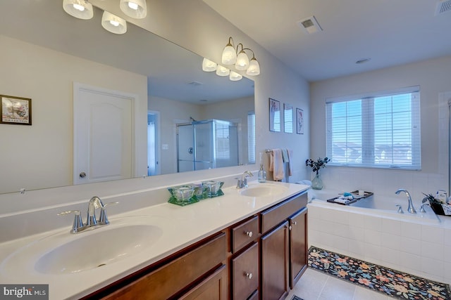 20868 Brunswick Ln, Millsboro, DE 19966 - bathroom featuring vanity, separate shower and tub, and tile patterned flooring