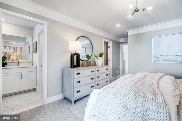 bedroom featuring baseboards, ensuite bathroom, marble finish floor, crown molding, and recessed lighting