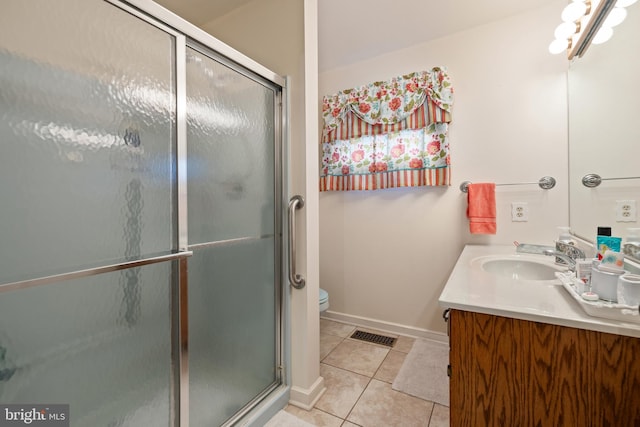 full bathroom featuring a stall shower, vanity, and tile patterned floors