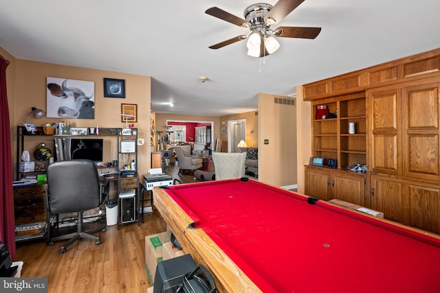 recreation room with a ceiling fan, visible vents, billiards, and wood finished floors