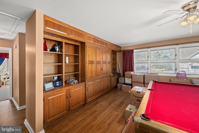 playroom featuring pool table, ceiling fan, baseboards, and wood finished floors