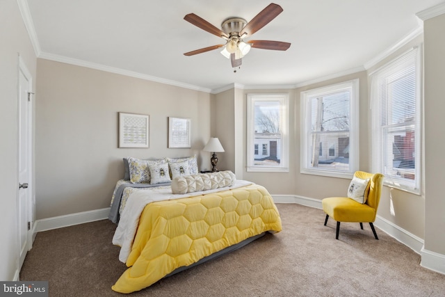 bedroom with crown molding, multiple windows, and carpet