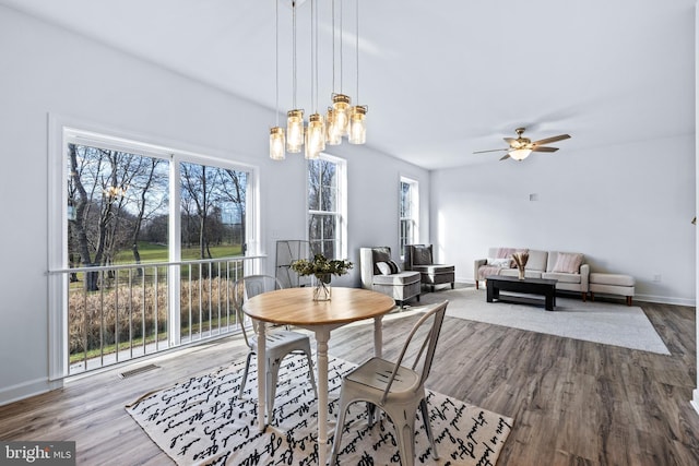 dining space featuring hardwood / wood-style flooring, ceiling fan with notable chandelier, and a healthy amount of sunlight