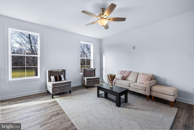 living room with hardwood / wood-style flooring and ceiling fan