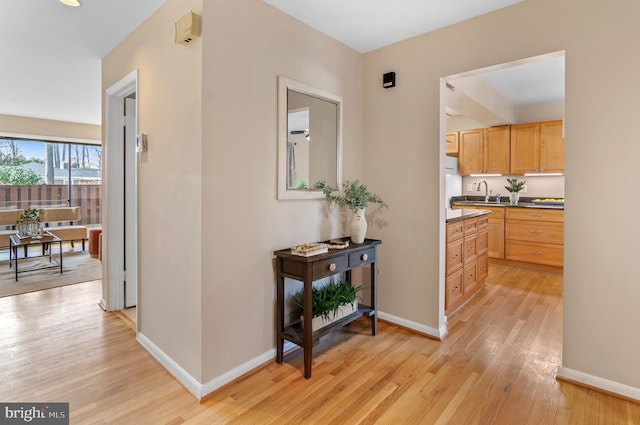 corridor featuring sink and light hardwood / wood-style flooring