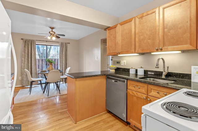 kitchen with sink, white appliances, light hardwood / wood-style flooring, dark stone countertops, and kitchen peninsula