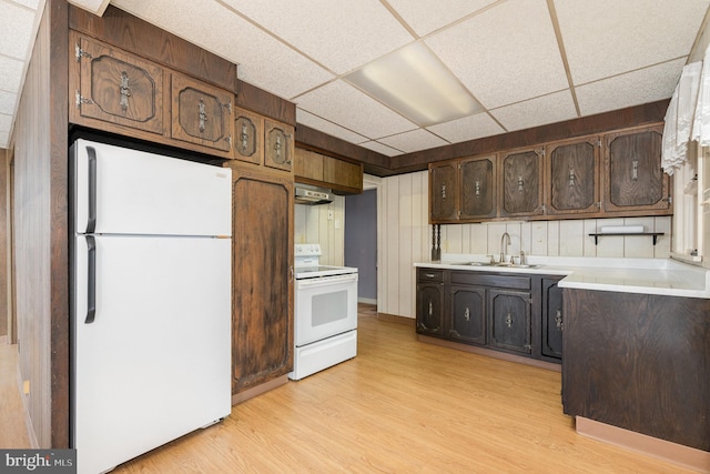 kitchen with extractor fan, sink, dark brown cabinets, white appliances, and light hardwood / wood-style floors