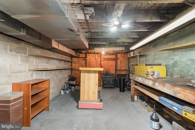 basement with a workshop area