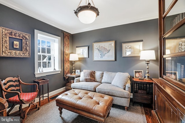 living area with ornamental molding, baseboards, and wood finished floors