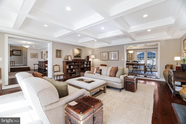 living room featuring dark wood-style floors, recessed lighting, beam ceiling, and coffered ceiling