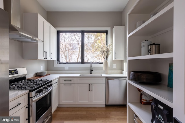 kitchen with wall chimney exhaust hood, white cabinetry, stainless steel appliances, and sink