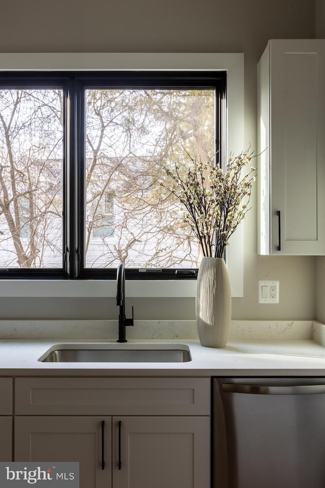 room details with sink, white cabinets, and dishwasher