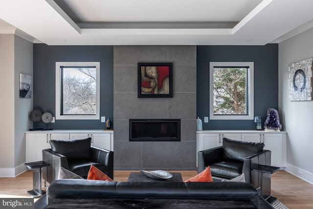 living room featuring a fireplace, a tray ceiling, and light hardwood / wood-style floors