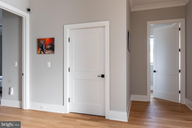 hallway featuring crown molding and light hardwood / wood-style flooring