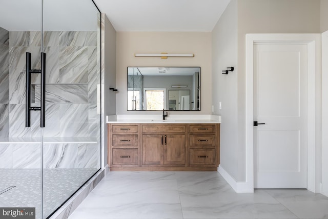 bathroom featuring walk in shower and vanity