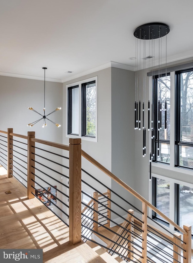 corridor featuring crown molding, an inviting chandelier, and light hardwood / wood-style flooring