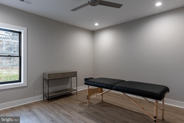 interior space with ceiling fan and light hardwood / wood-style flooring