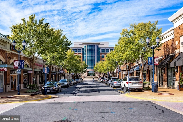 view of asphalt street with street lights, sidewalks, curbs, and traffic signs