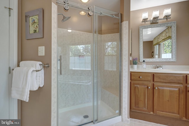 full bathroom featuring a stall shower and vanity