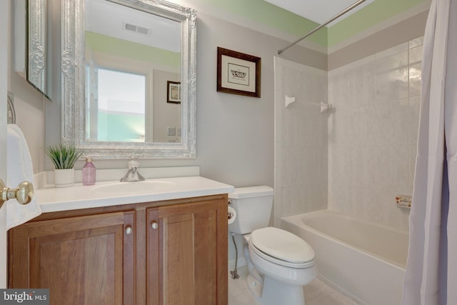 full bathroom with toilet, vanity, shower / bath combination with curtain, and tile patterned floors