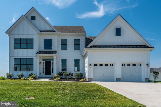 modern inspired farmhouse featuring a front lawn