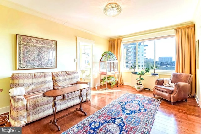 living area with wood-type flooring and ornamental molding