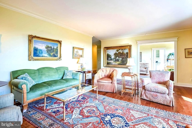 living room featuring crown molding and wood-type flooring