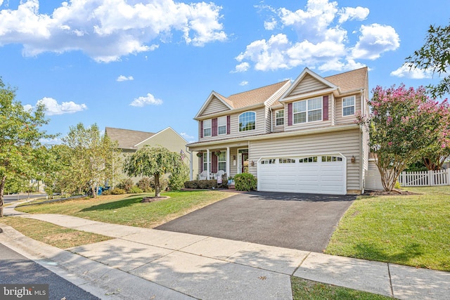 view of front of house with a garage, a front lawn, and a porch