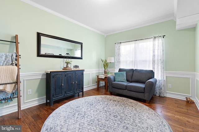 living room with ornamental molding and dark hardwood / wood-style floors