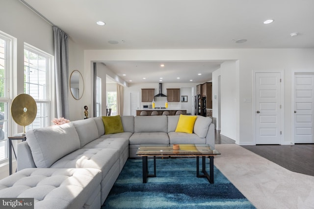 living room with dark hardwood / wood-style floors