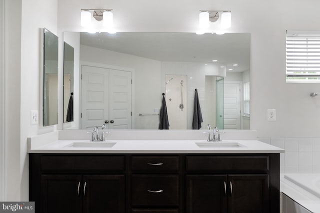 bathroom with separate shower and tub and vanity